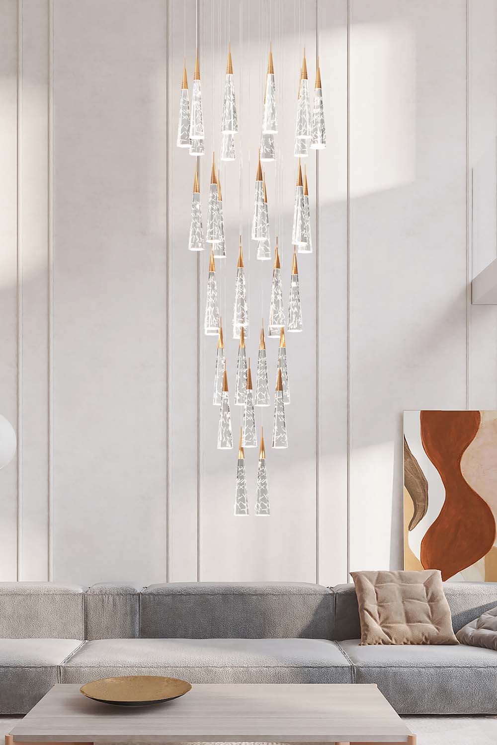 raindrop crystal pendant lighting for two story foyer & living room hanging light idea