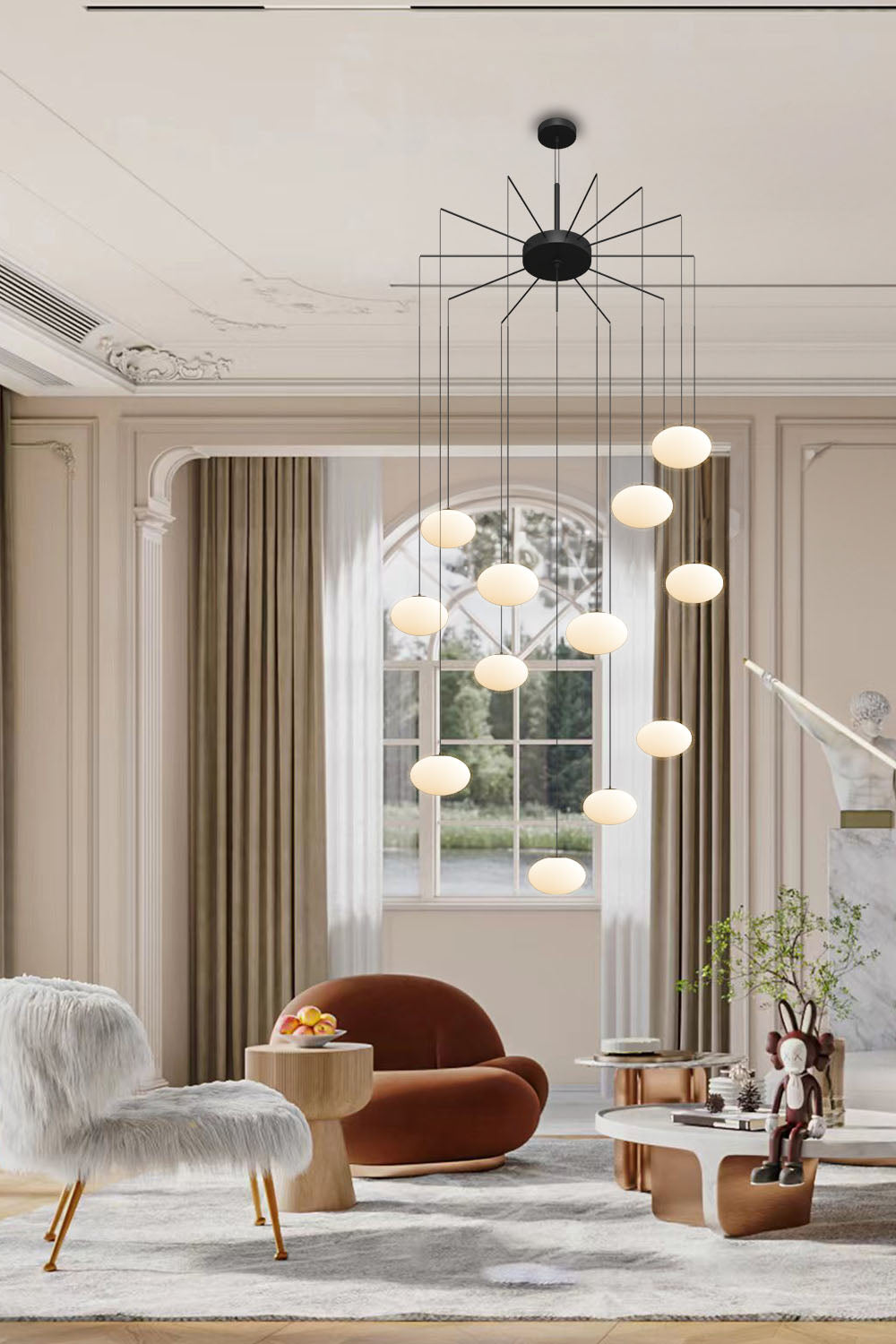 vintage spider chandelier hanging over sofa in living room